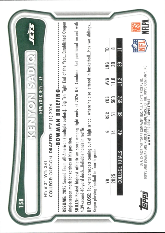 Kenyon Sadiq card back