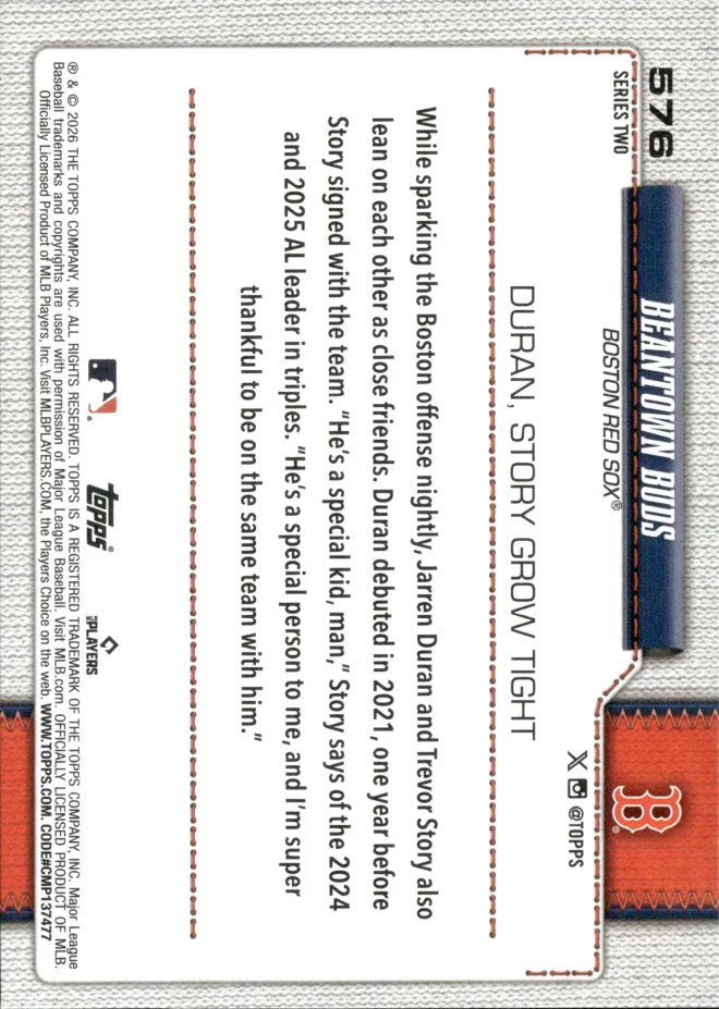 Jarren Duran & Trevor Story card back