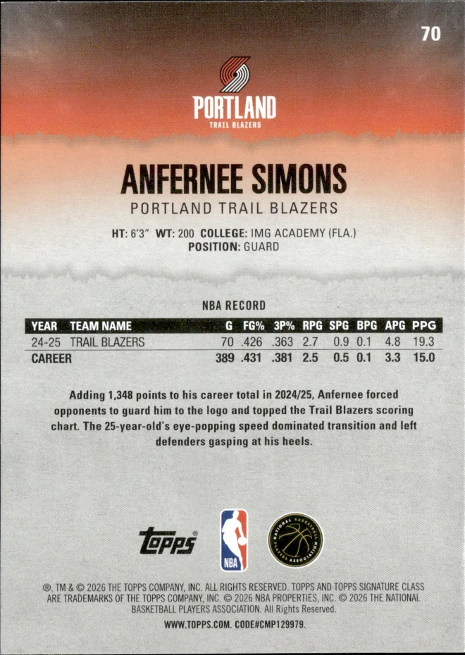 Anfernee Simons card back