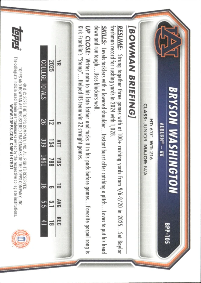 Bryson Washington card back