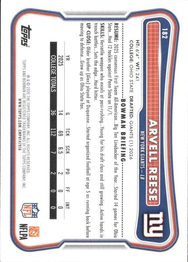 Arvell Reese card back