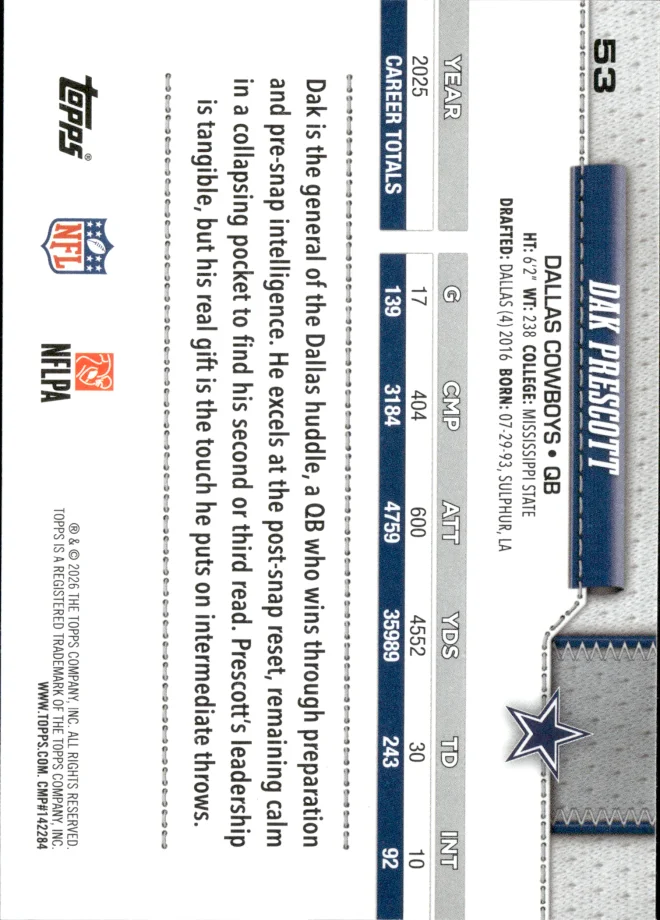Dak Prescott card back