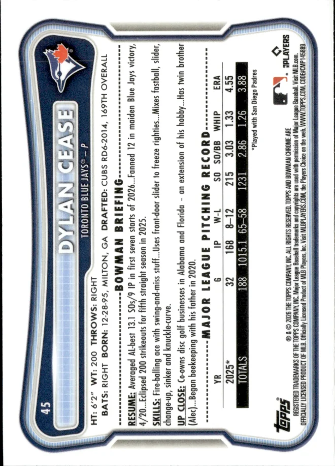 Dylan Cease card back