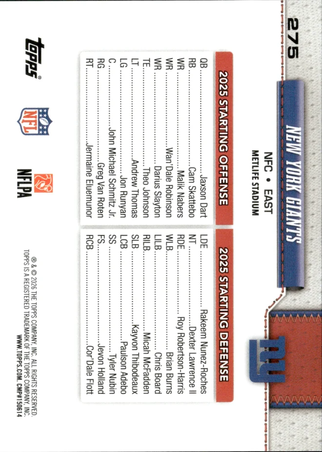 New York Giants card back