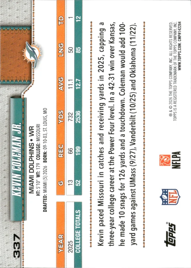 Kevin Coleman Jr. card back