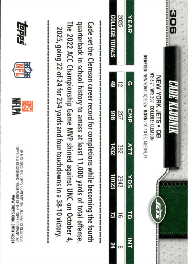Cade Klubnik card back