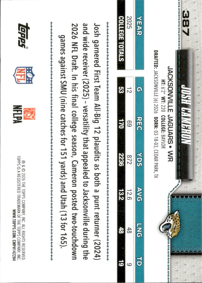 Josh Cameron card back