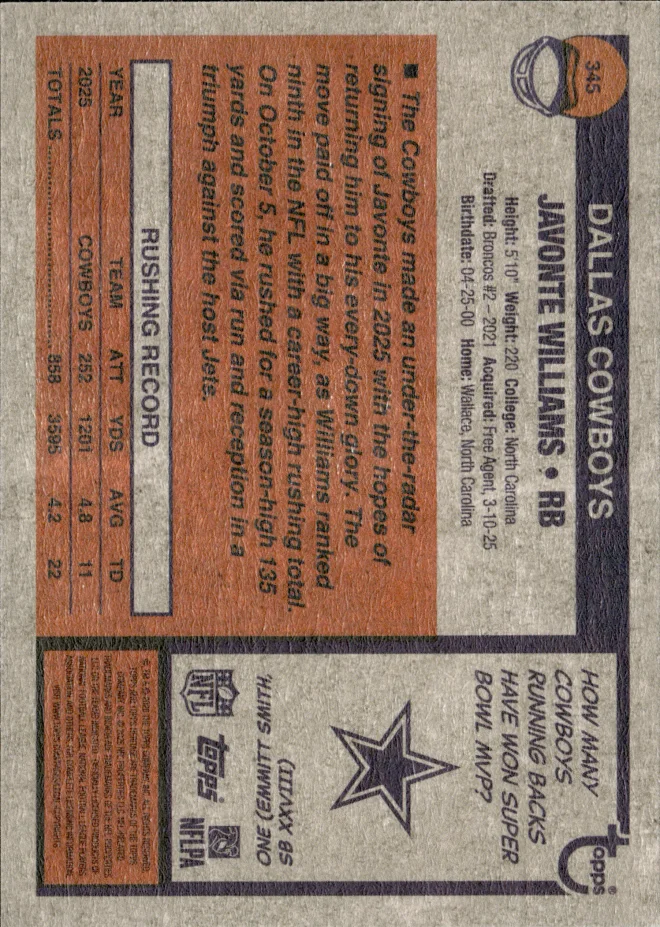 Javonte Williams card back