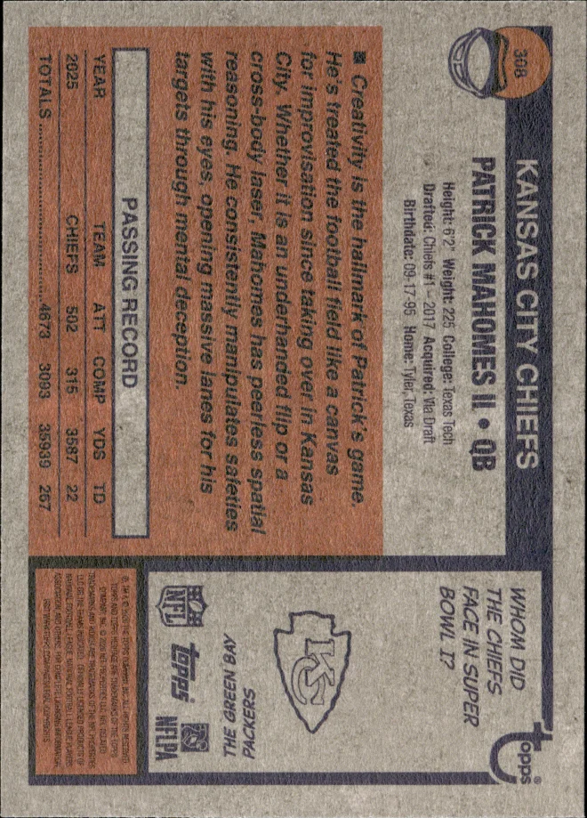 Patrick Mahomes II card back