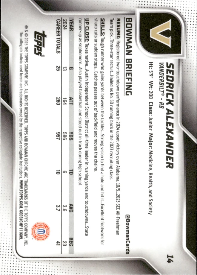 Sedrick Alexander card back