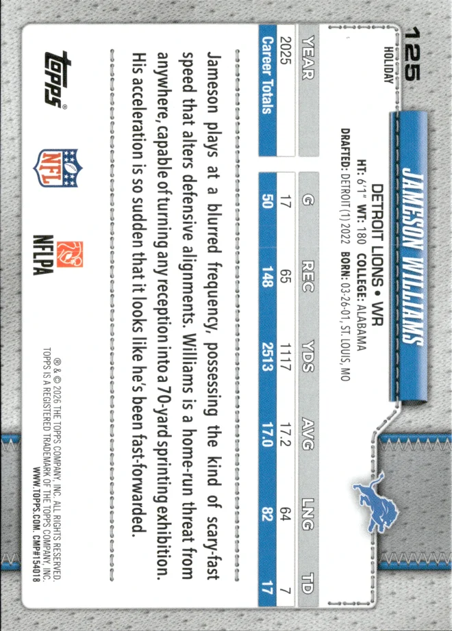 Jameson Williams card back