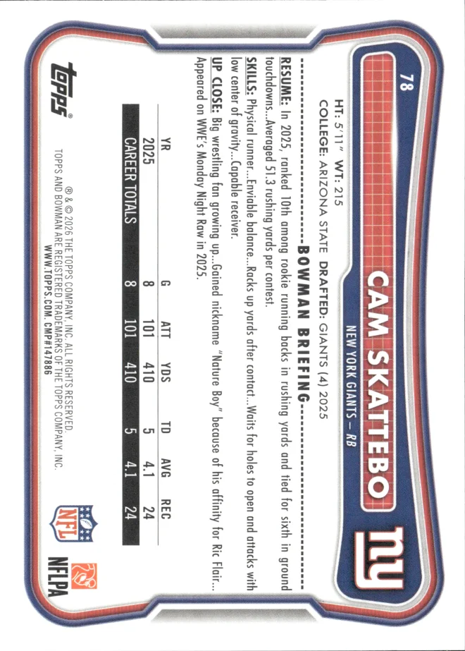 Cam Skattebo card back