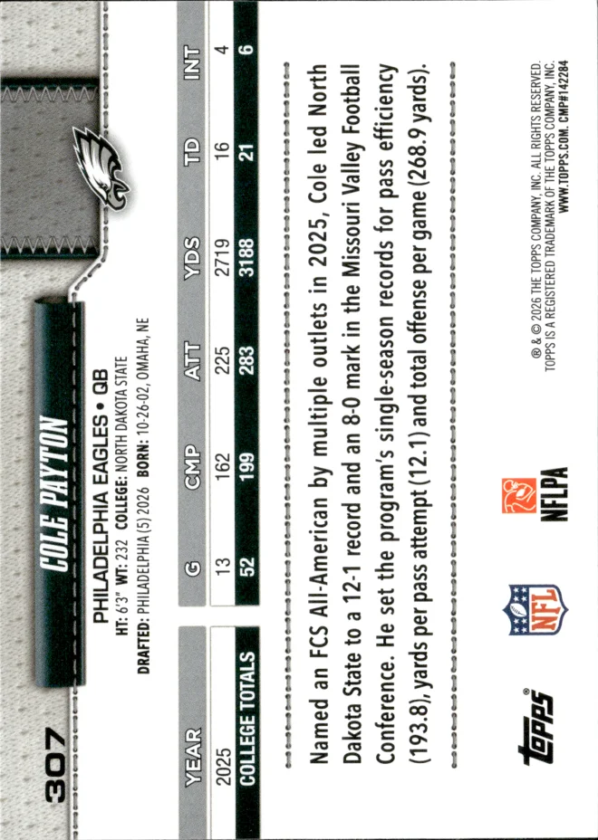 Cole Payton card back
