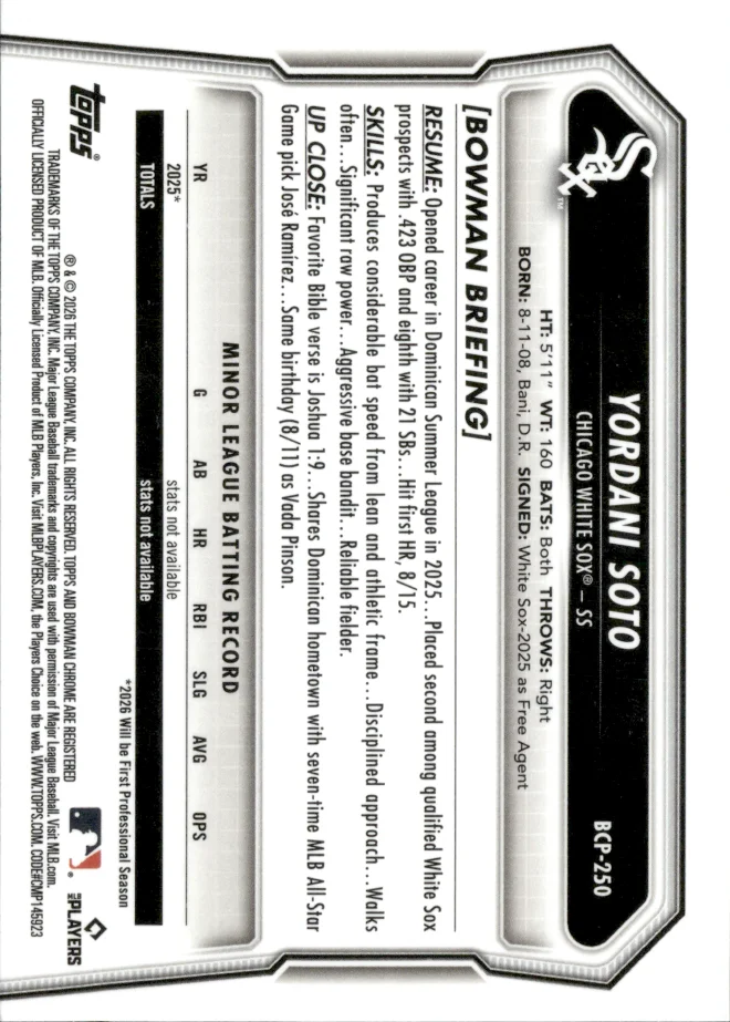Yordani Soto card back