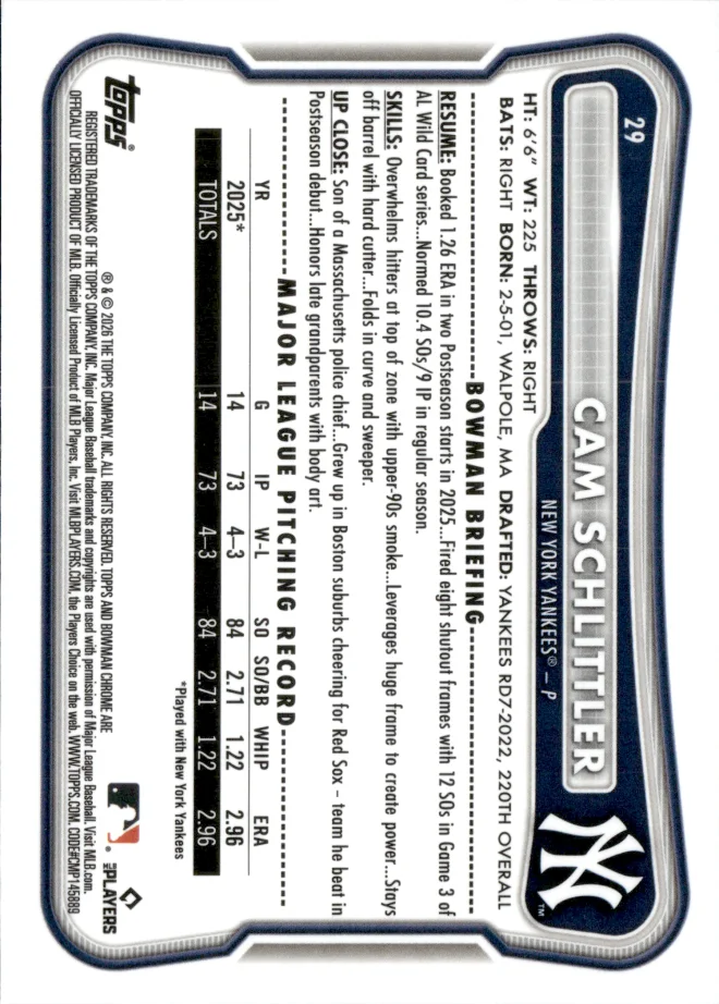 Cam Schlittler card back
