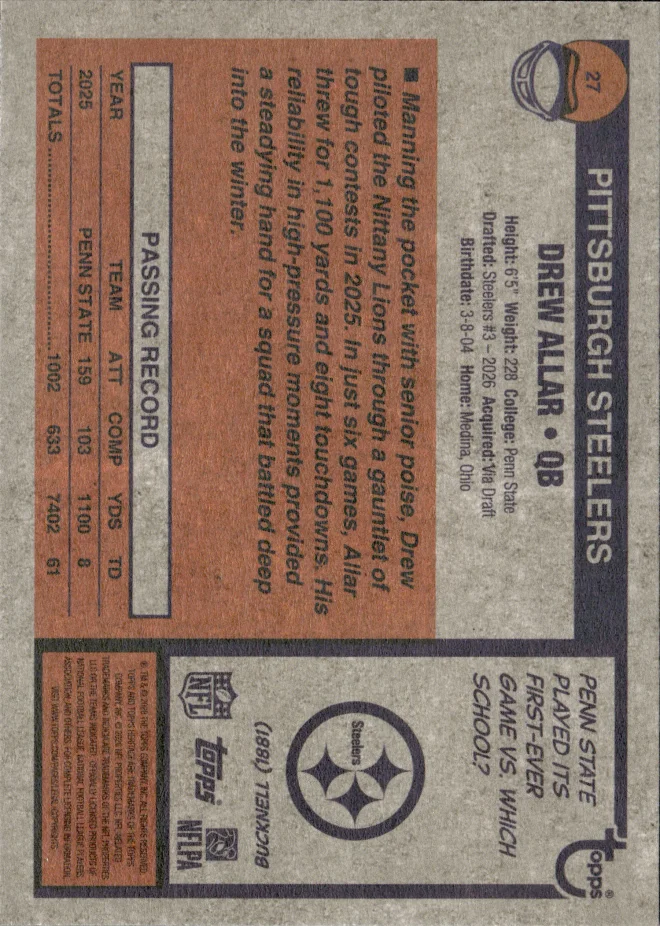 Drew Allar card back