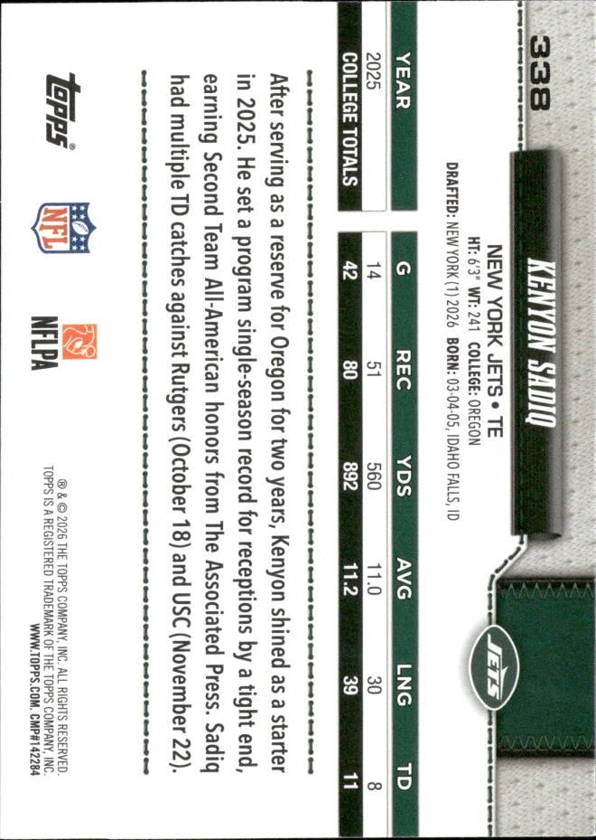 Kenyon Sadiq card back
