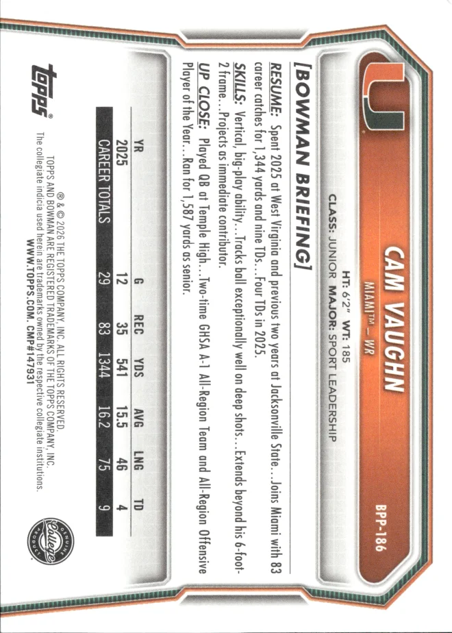 Cam Vaughn card back
