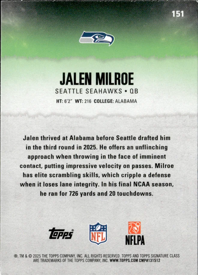 Jalen Milroe card back