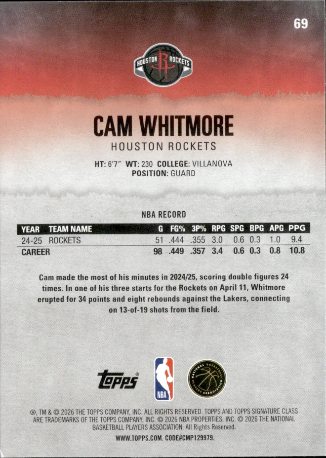 Cam Whitmore card back