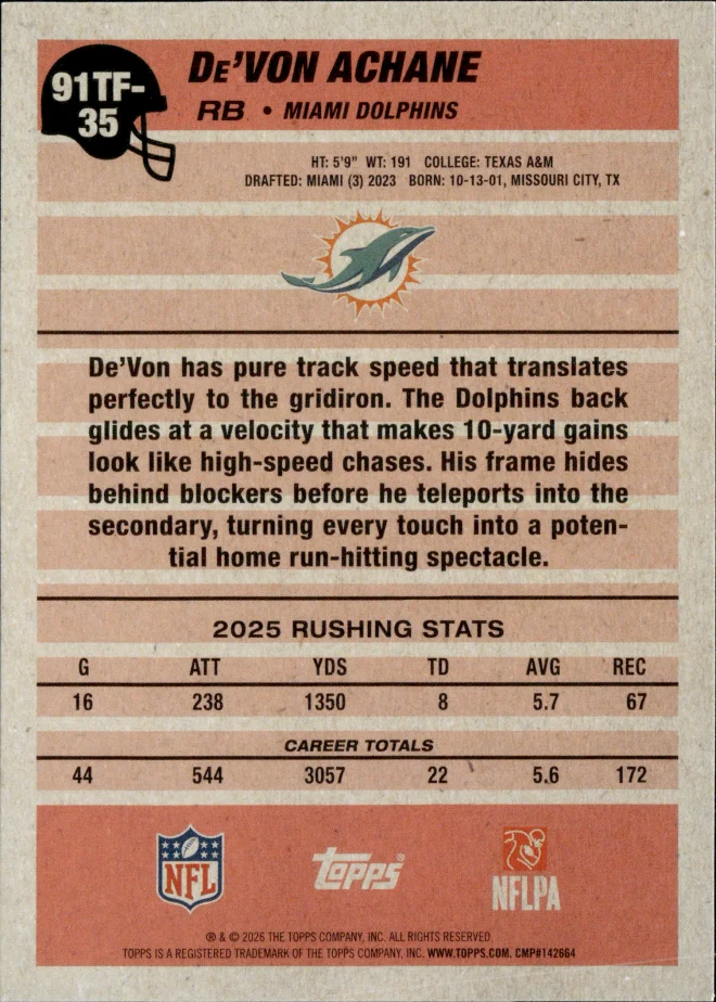 De'Von Achane card back