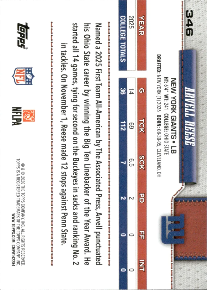 Arvell Reese card back