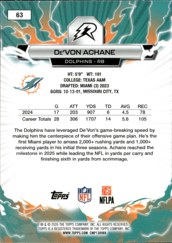 De'Von Achane card back