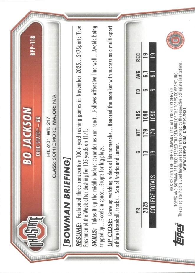 Bo Jackson card back