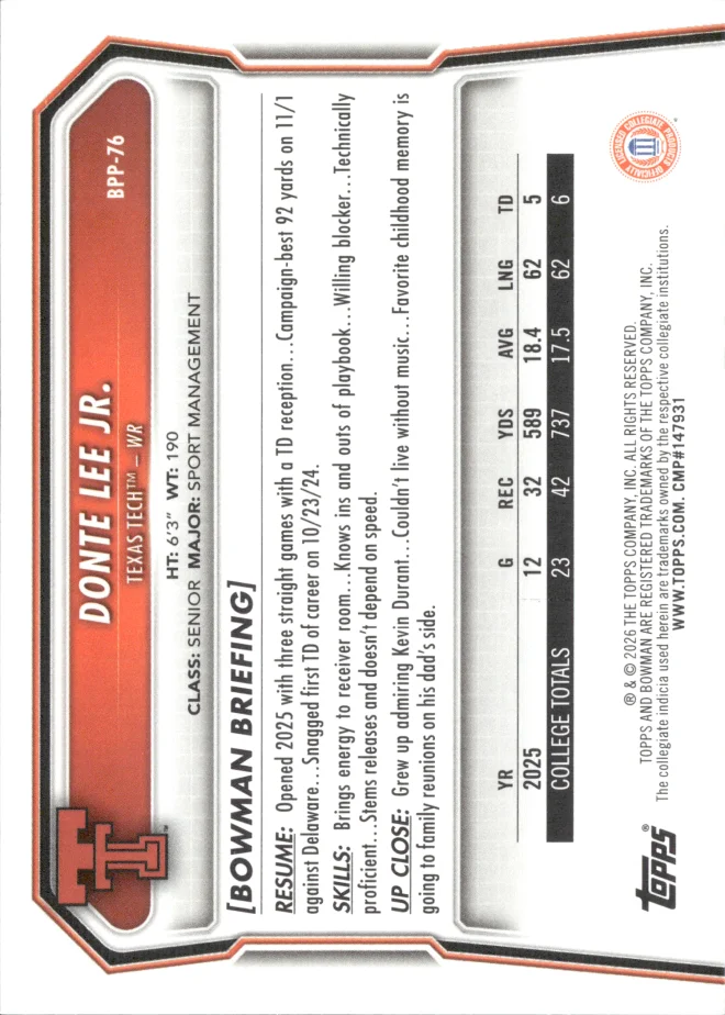 Donte Lee Jr. card back