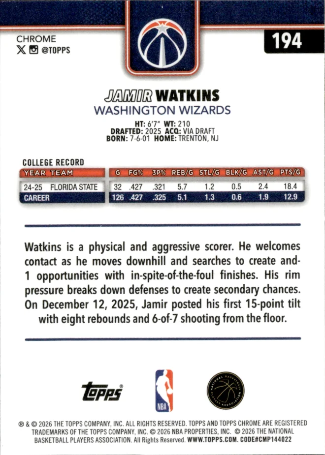 Jamir Watkins card back