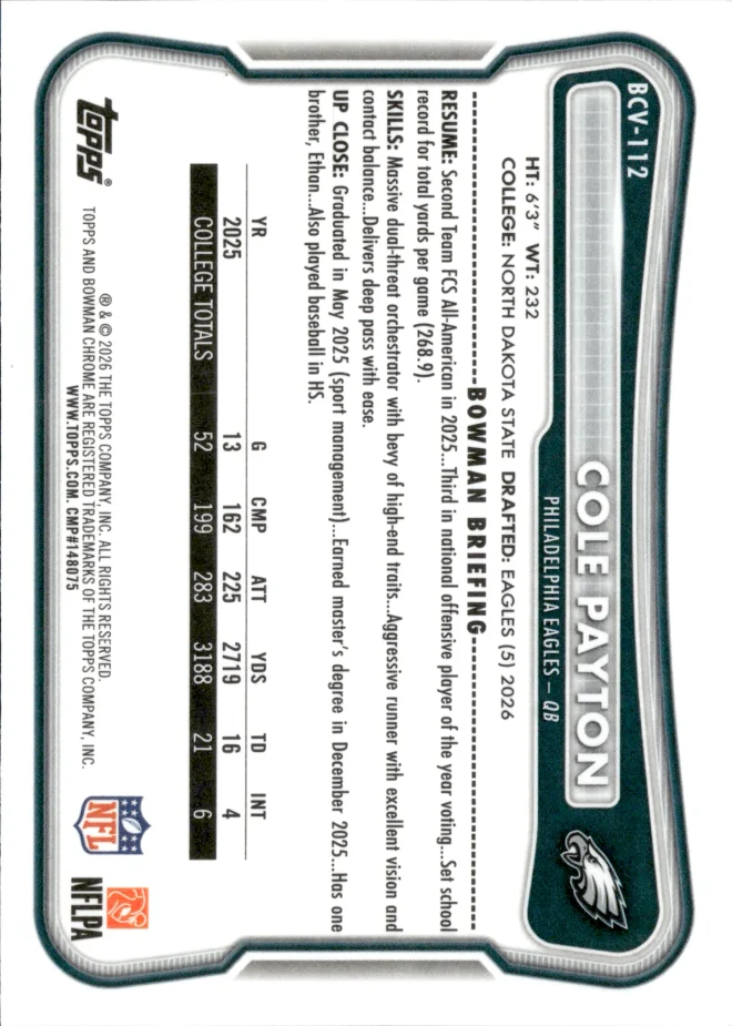 Cole Payton card back