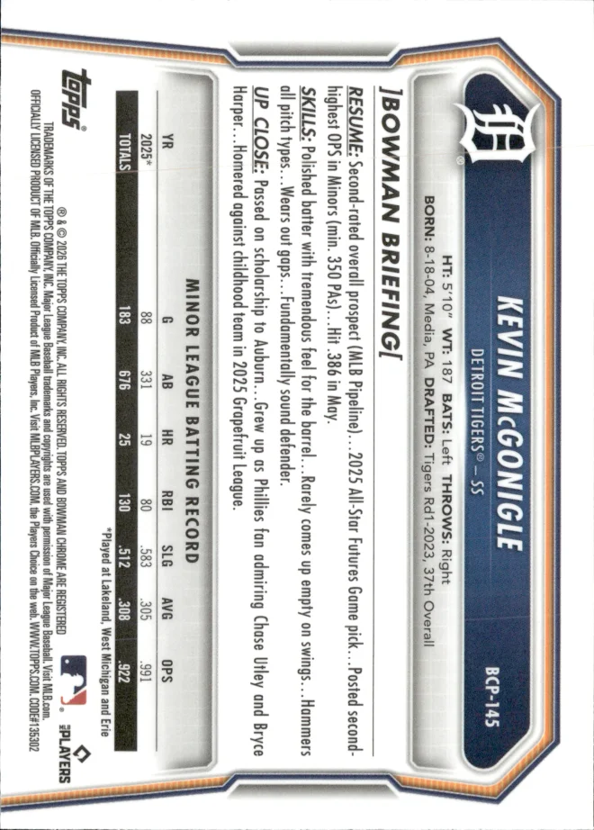 Kevin McGonigle card back