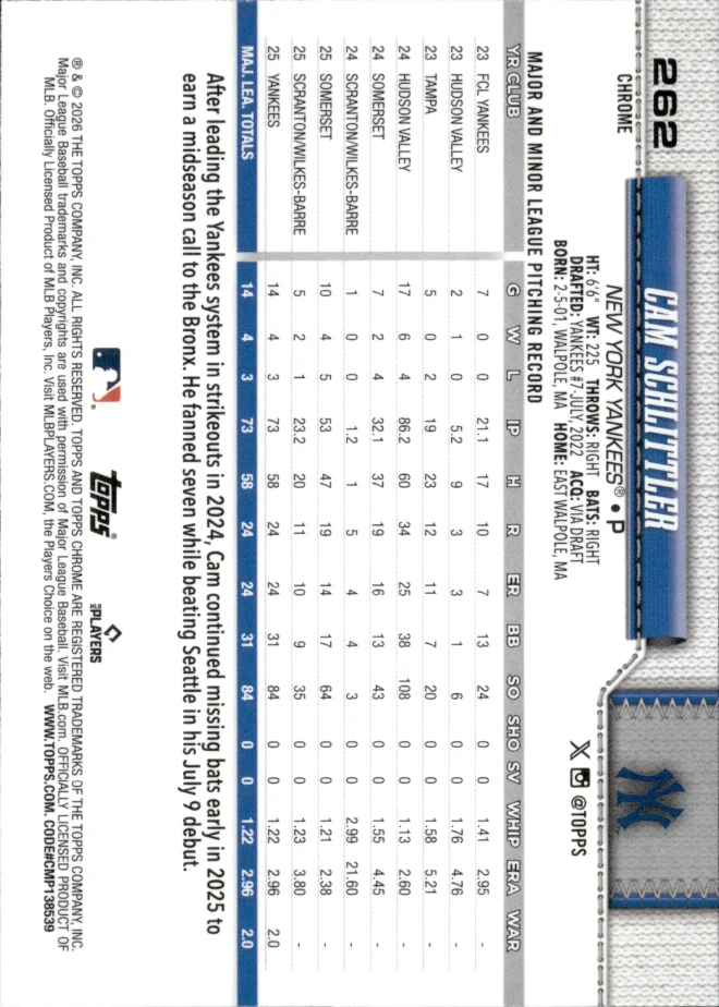 Cam Schlittler card back
