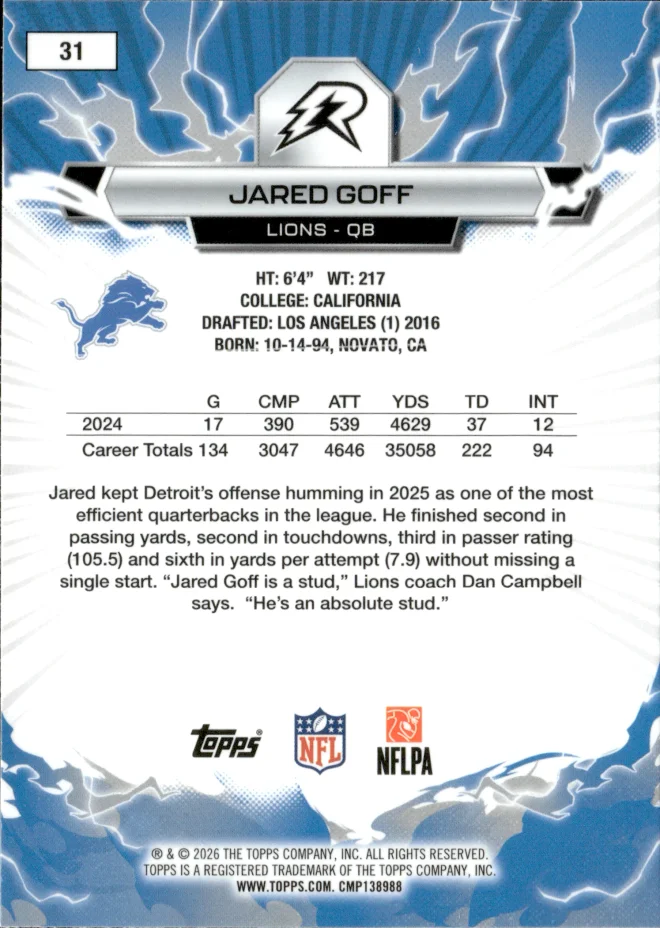 Jared Goff card back