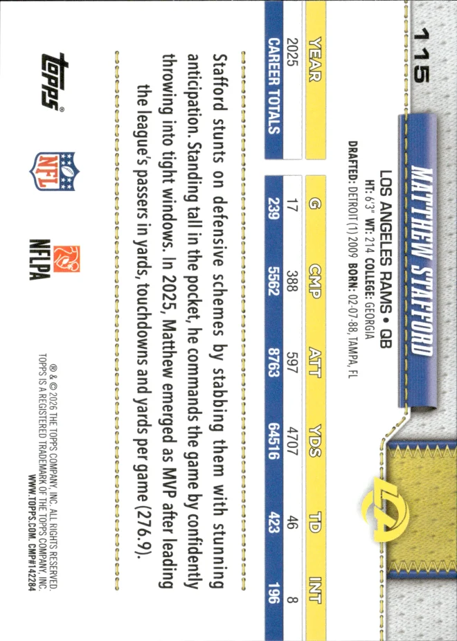 Matthew Stafford card back