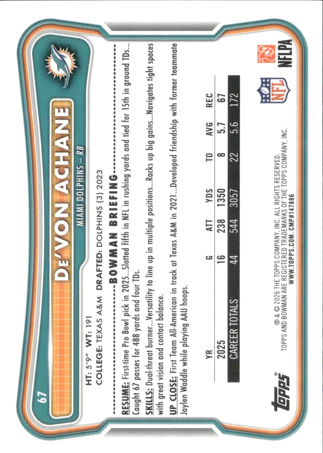 De'Von Achane card back