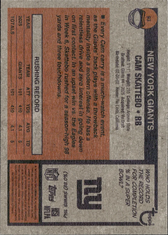 Cam Skattebo card back
