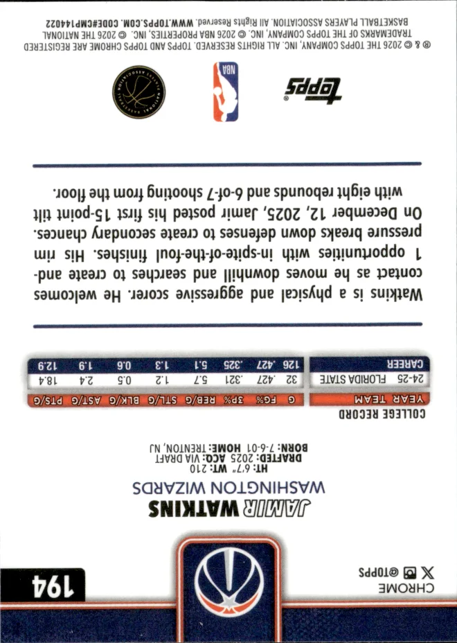 Jamir Watkins card back