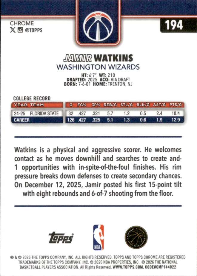 Jamir Watkins card back