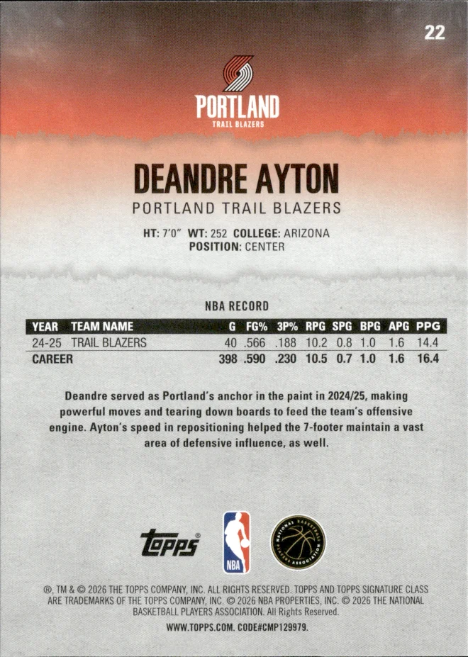 Deandre Ayton card back