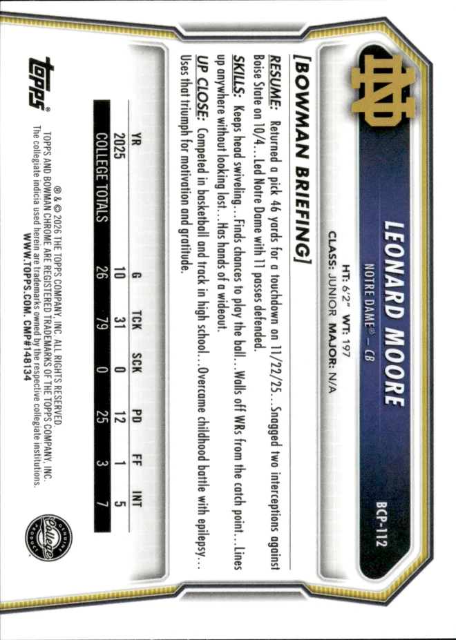 Leonard Moore card back